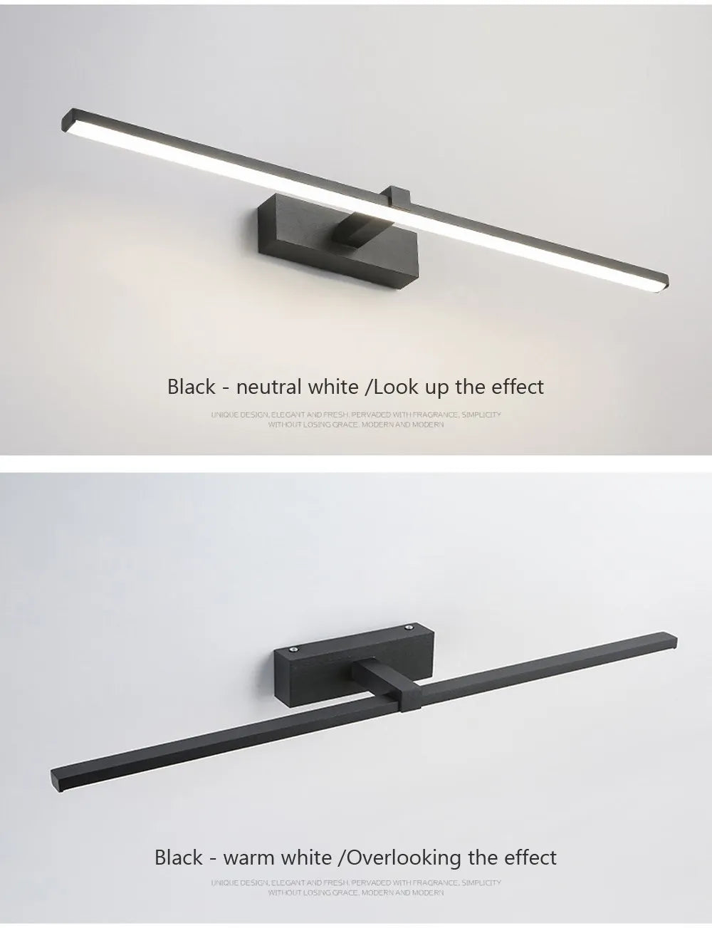 Modern black and white LED wall lamp for bathroom mirrors, waterproof interior lighting for makeup and bathroom illumination.