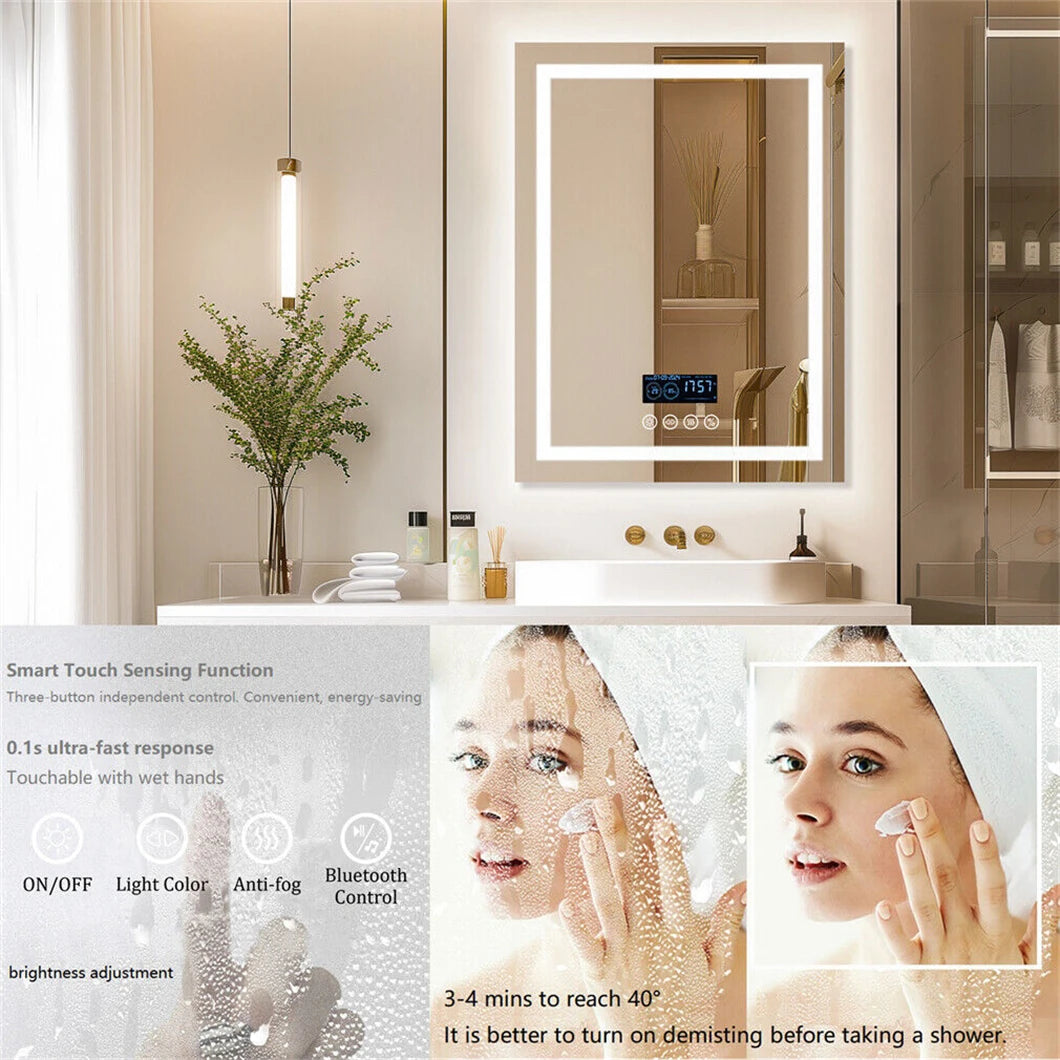 Rectangular LED smart bathroom mirror with Bluetooth speaker, anti-fog, backlit, wall-mounted, displays time, temperature, and features light memory