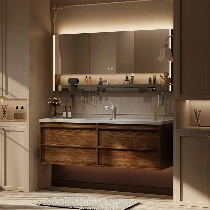 Solid wood vintage bathroom cabinet with sink, storage drawers, and toilet separator, by WinniShop, for elegant bathroom organization.