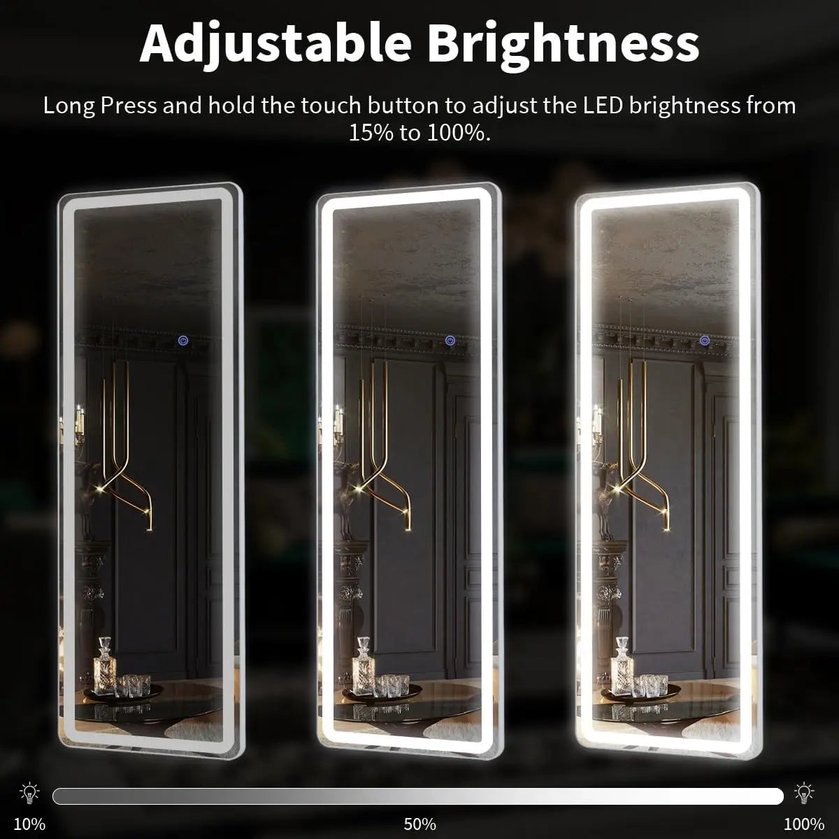 Full-body LED mirror by WinniHouse, 63x20 inches with adjustable lighting and three color temperatures.