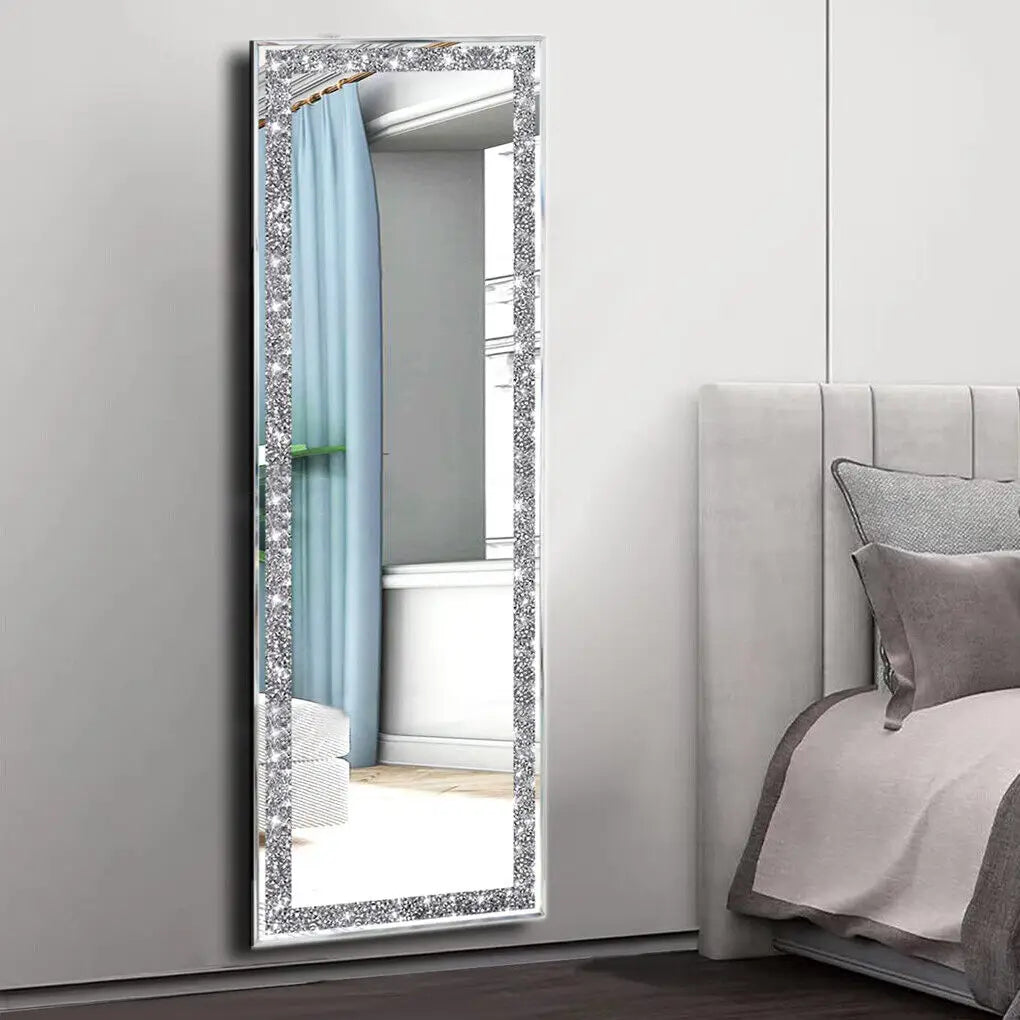 Large wall-mounted LUVODI frameless vanity mirror with sparkling imitation crystal diamonds, ideal for home or hotel decor.