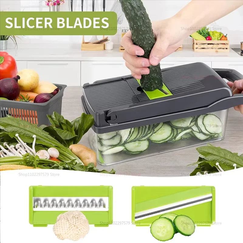 Portable WinniHouse vegetable chopper and slicer with multiple functions, compact design, and stainless steel blades.