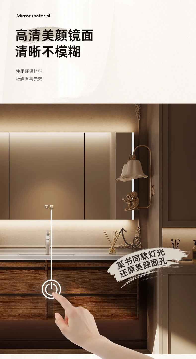 Solid wood vintage bathroom cabinet with sink, storage shelves, and toilet separator, by WinniShop.