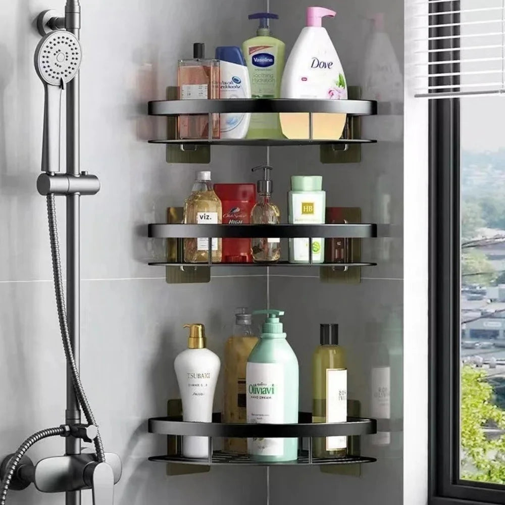 WinniHouse corner bathroom storage organizer with adhesive mount, wall shelf and shower caddy, no drilling needed.