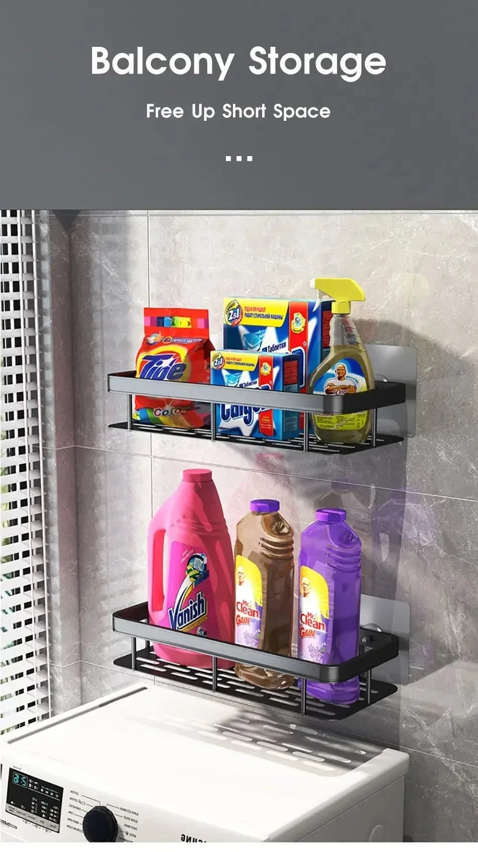 WinniHouse corner bathroom storage organizer with adhesive mount, wall-mounted shower shelf and drying rack, no drilling needed.