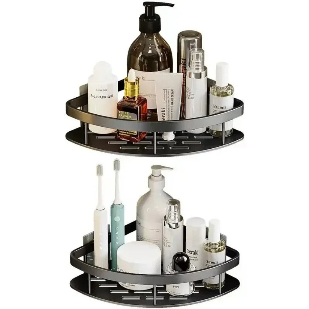 WinniHouse corner bathroom storage organizer with adhesive mount, wall-mounted shower shelf with drainage for bathroom organization.