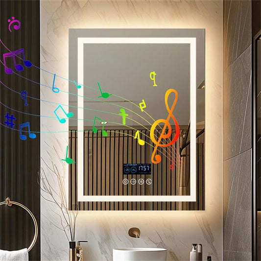 Rectangular LED smart bathroom mirror with Bluetooth speaker, anti-fog, wall-mounted, with light memory, temperature, and time display
