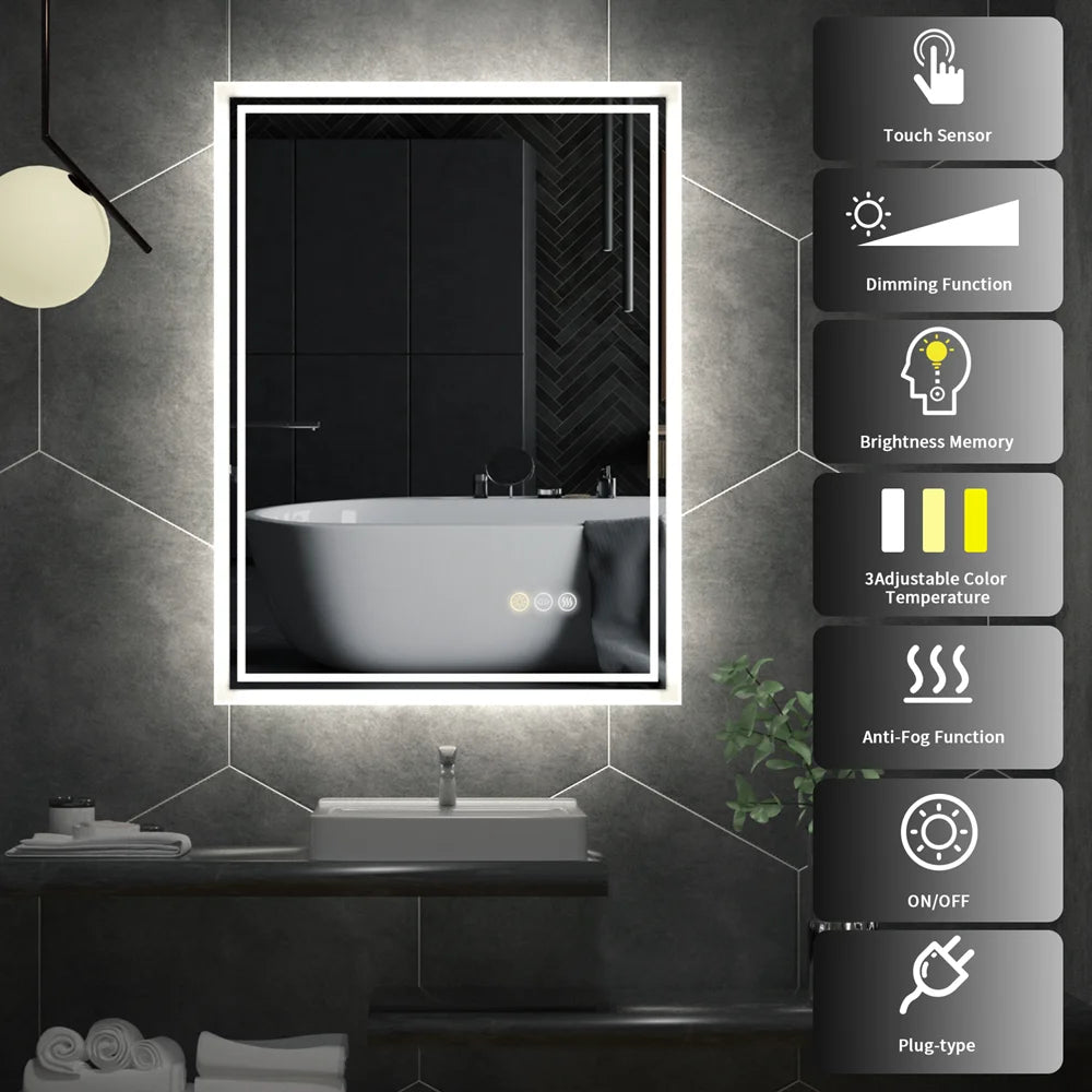 LED backlit frameless bathroom mirror with defogger and adjustable lighting, ideal for shower, shaving, and bathroom use.