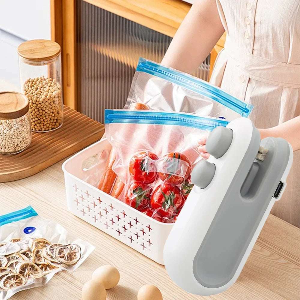 WinniShop mini handheld heat sealer for plastic food bags with clip, portable food packaging and sealing device.