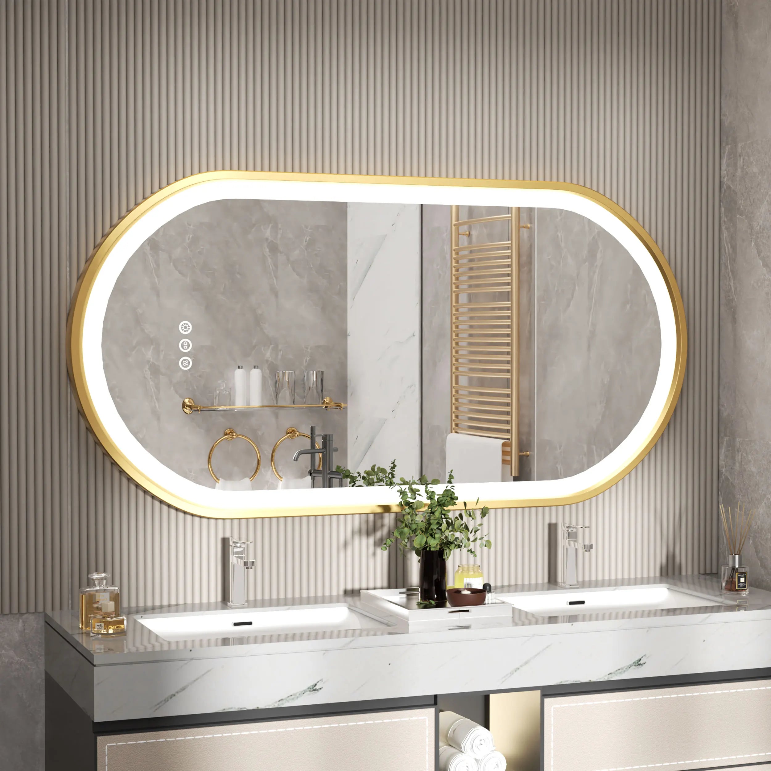 Large oval LED bathroom mirror with anti-fog memory frame, wall-mounted, adjustable lighting, and illuminated vanity mirror by WinniShop
