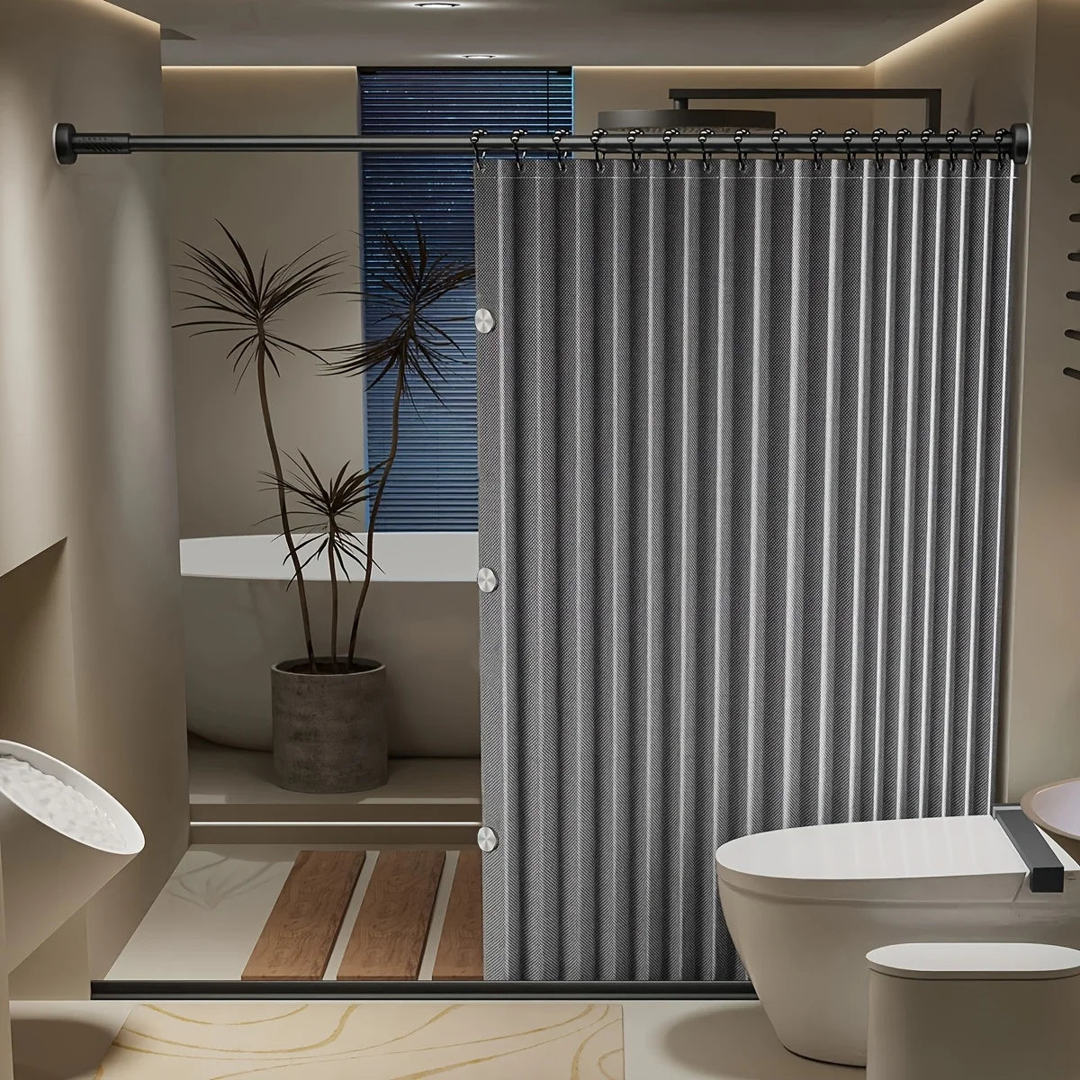 Magnetic foldable shower curtain from WinniHouse with suction cups, designed for easy installation and space-saving bathroom use.