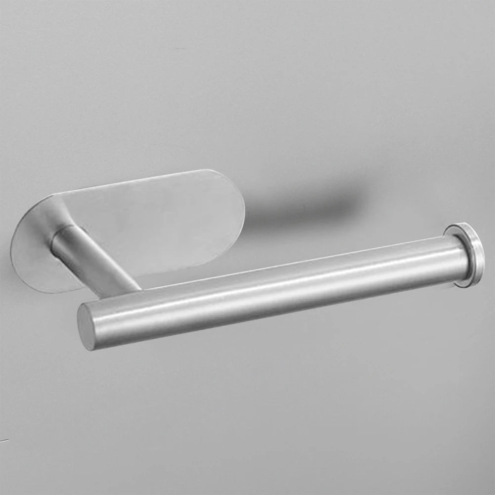 WinniHouse stainless steel wall-mounted toilet paper holder with adhesive backing, bathroom organizer, and towel support, no drilling required.