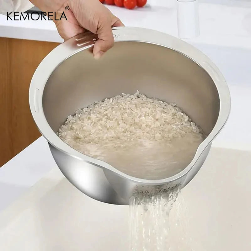 WinniHouse stainless steel rice washing bowl with strainer, suitable for rinsing rice, fruits, and vegetables in the kitchen.