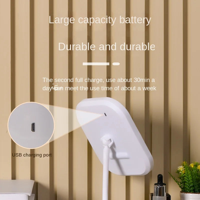 LED makeup mirror with touch controls, 3 light temperatures, rechargeable battery, compact design, by WinniHouse.