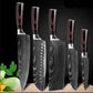 Set de cuchillos profesionales estilo Damasco con mangos de madera premium, ideal para cocina gourmet y precisión en corte.