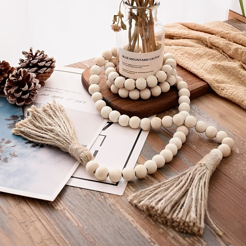 Wooden beads garland with tassels, 32 inches, rustic farmhouse decor for living room, bedroom, or holiday celebrations.