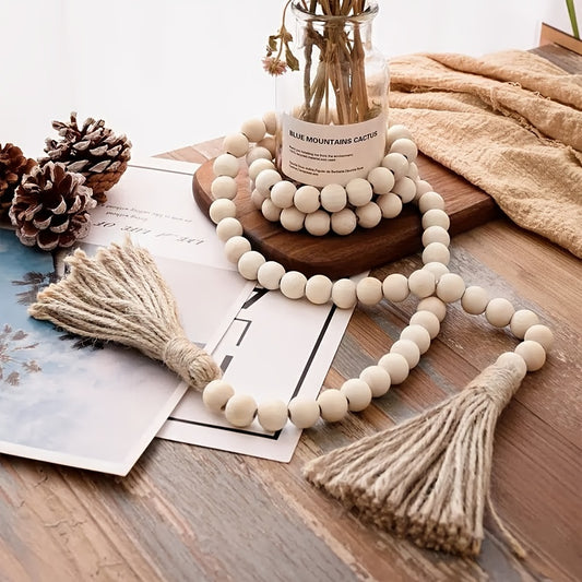 Wooden beads garland with tassels, 32 inches, rustic farmhouse decor for living room, bedroom, or holiday celebrations.
