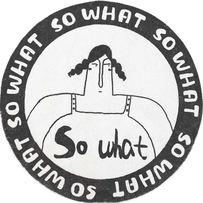 Round artistic rug in black and white with modern illustrated design, perfect for contemporary home decor.