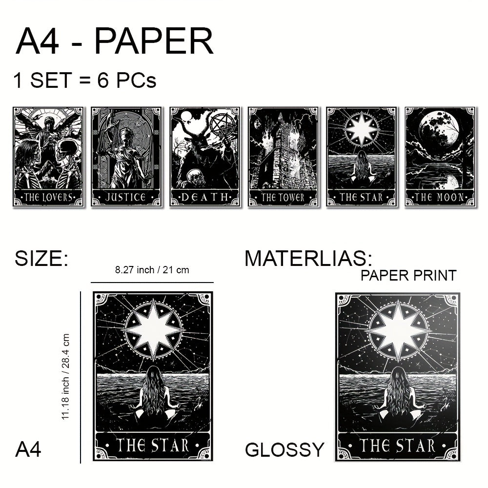 Set of 6 black and white tarot posters by WinniHouse, modern wall art for living room or bedroom decor, unframed.