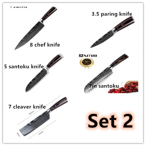 Set de cuchillos profesionales estilo Damasco con mangos de madera premium, perfect for slicing and chopping in the kitchen.