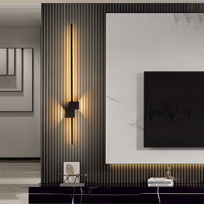 WinniHouse line wall living room background wall with bedside lamp, featuring modern lighting and sleek design in a contemporary setting.