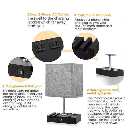 WinniHouse adjustable desk lamp with USB ports, fabric shade, built-in power outlets, and included LED bulb.
