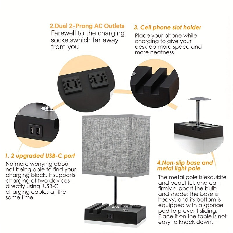 WinniHouse adjustable desk lamp with USB ports, fabric shade, built-in power outlets, and included LED bulb.