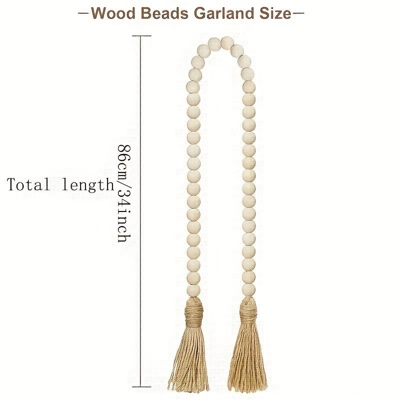 Wooden beads garland with tassels, 32 inches, rustic farmhouse decor for living room, bedroom, or holiday decorations.
