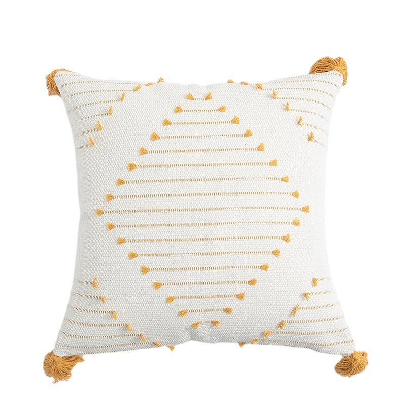 Boho cushion cover with tassels and geometric design in cotton, by WinniHouse, featuring intricate patterns and soft fabric details.