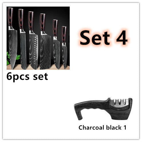 Set de cuchillos profesionales estilo Damasco con mangos de madera premium, ideal para cocina gourmet y chef profesional.