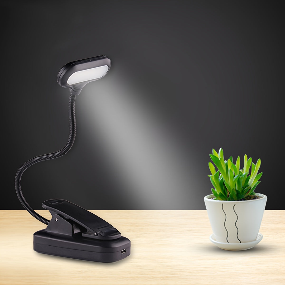 WinniHouse LED desk lamp with adjustable arm and clip, battery-powered with push button, modern ergonomic design for reading and work.