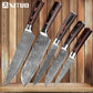 Set de cuchillos profesionales estilo Damasco con mangos de madera premium, ideal para cocina de alta calidad.