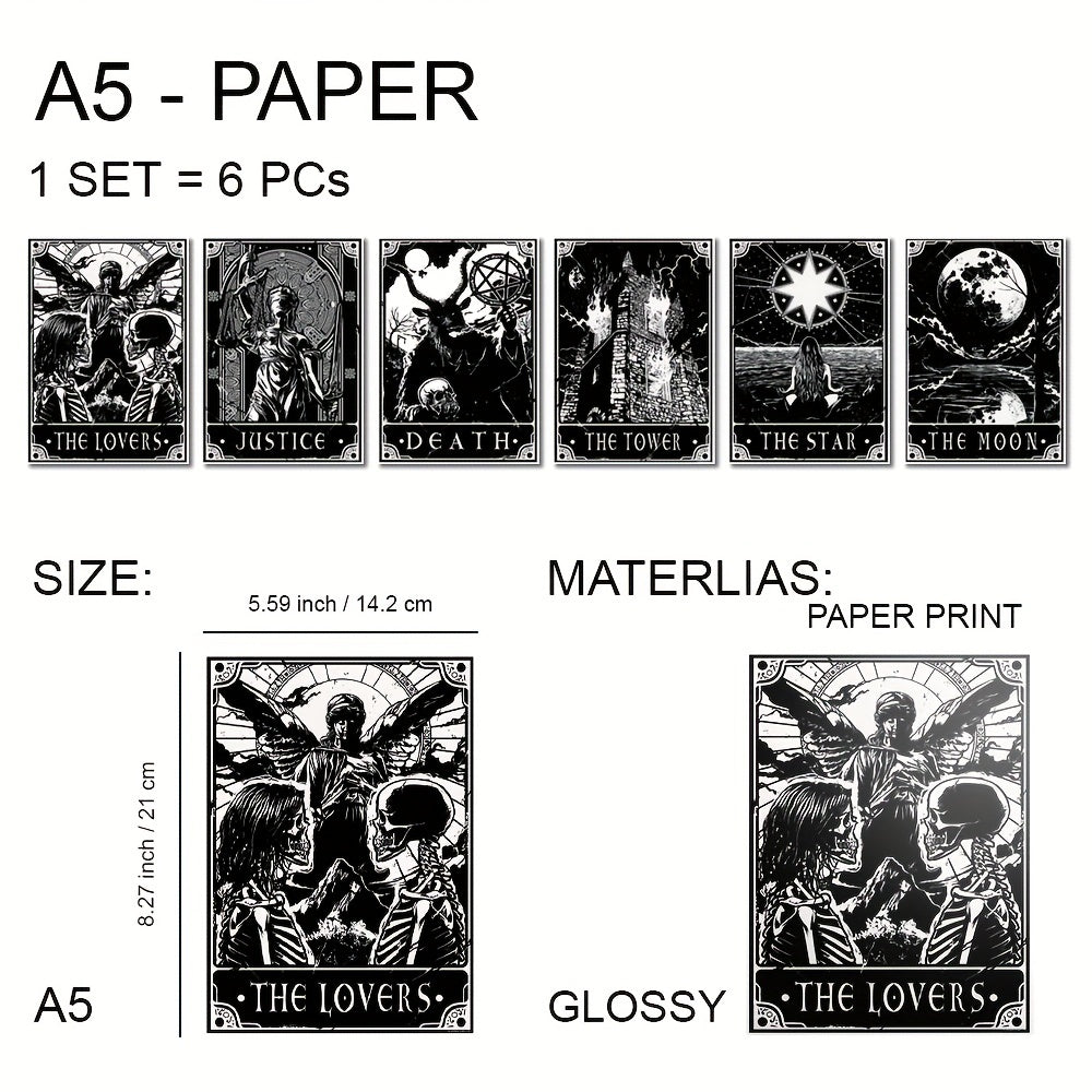 Set of 6 black and white tarot posters by WinniHouse, modern wall art for living room or bedroom decor.