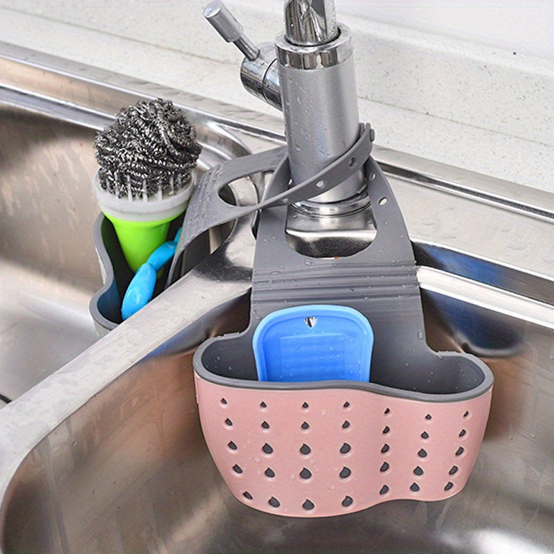 WinniHouse multifunctional sink sponge rack with adjustable strap, hanging bag for kitchen and bathroom organization and drainage.