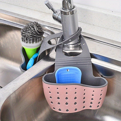 WinniHouse multifunctional sink sponge rack with adjustable strap, hanging bag for kitchen and bathroom organization and drainage.