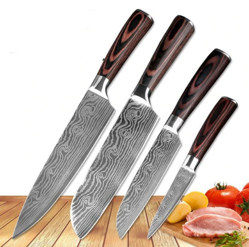 Set de cuchillos profesionales estilo Damasco con mangos de madera premium, ideal para cocina en casa o profesionales.