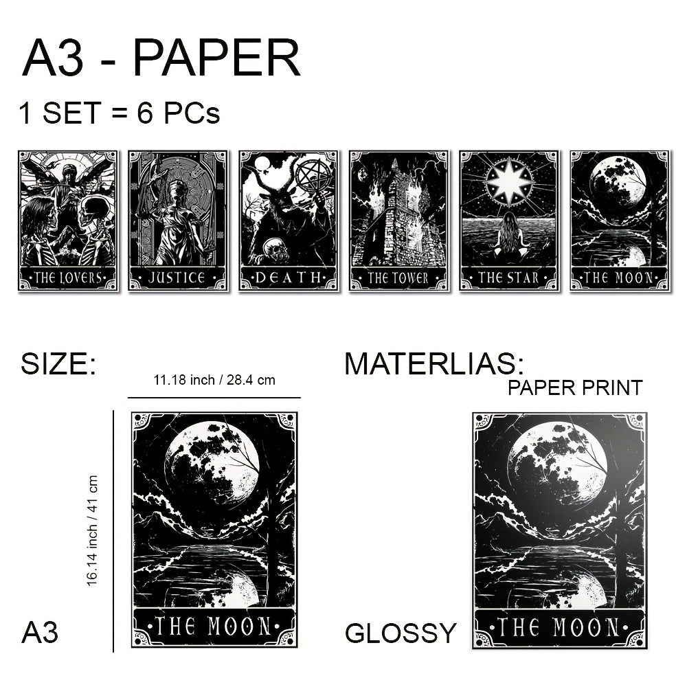 Set of six black and white tarot posters from WinniHouse, modern wall art for living room or bedroom decor.