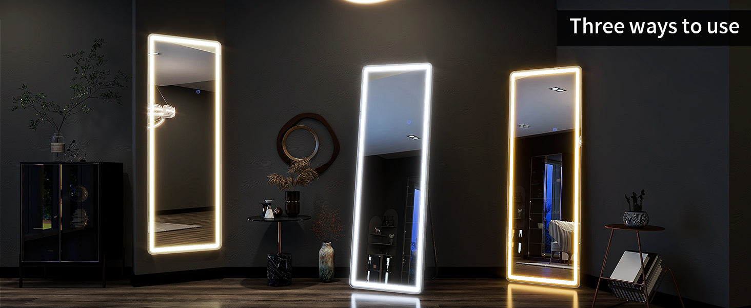 WinniHouse LED full-length mirror 63"×20" with adjustable lighting and three color temperature settings.